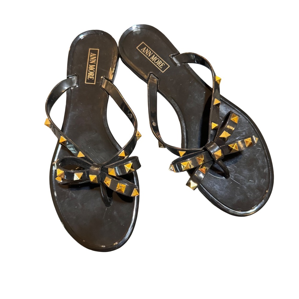 Ann More Studded Bow Thong Sandals Black Jelly Slides‎ Flats 8.5 women's EUC - Picture 2 of 11